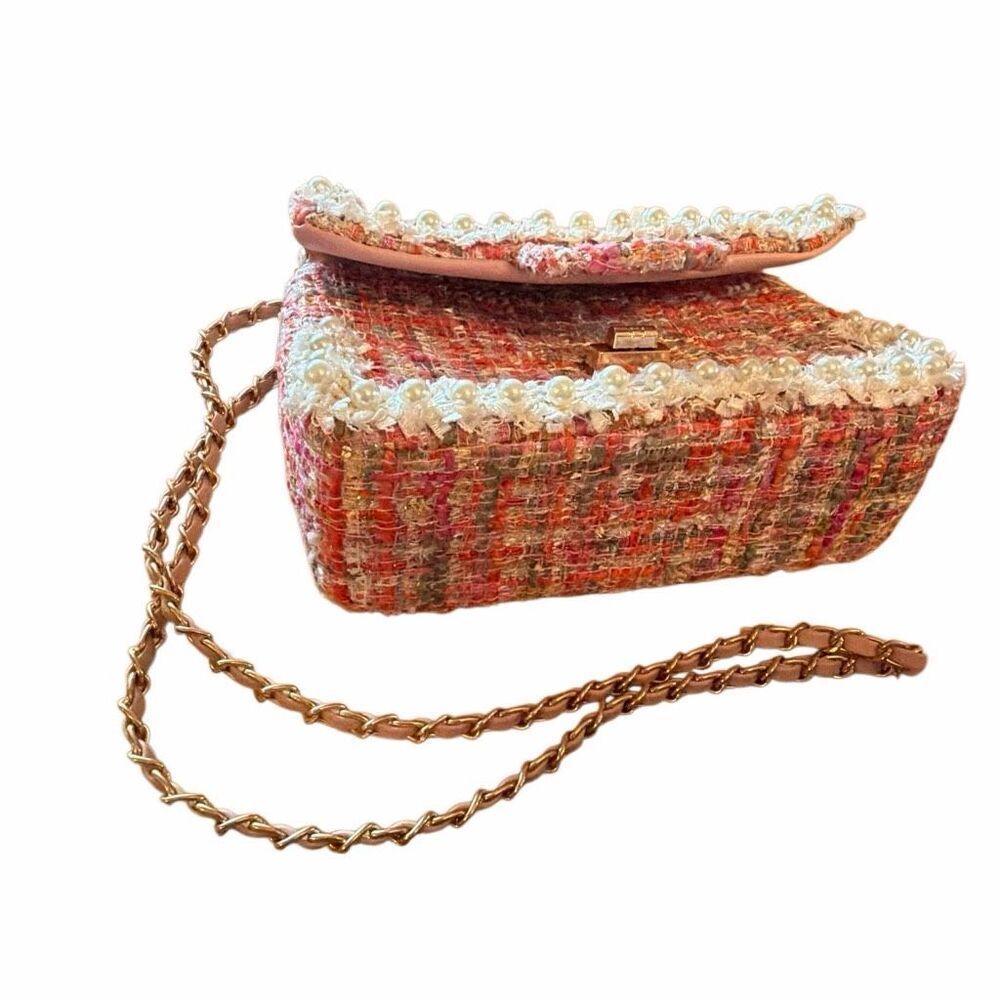 Classic tweed pearl pink shoulder bag purse super cute classic gold closure - Picture 5 of 9